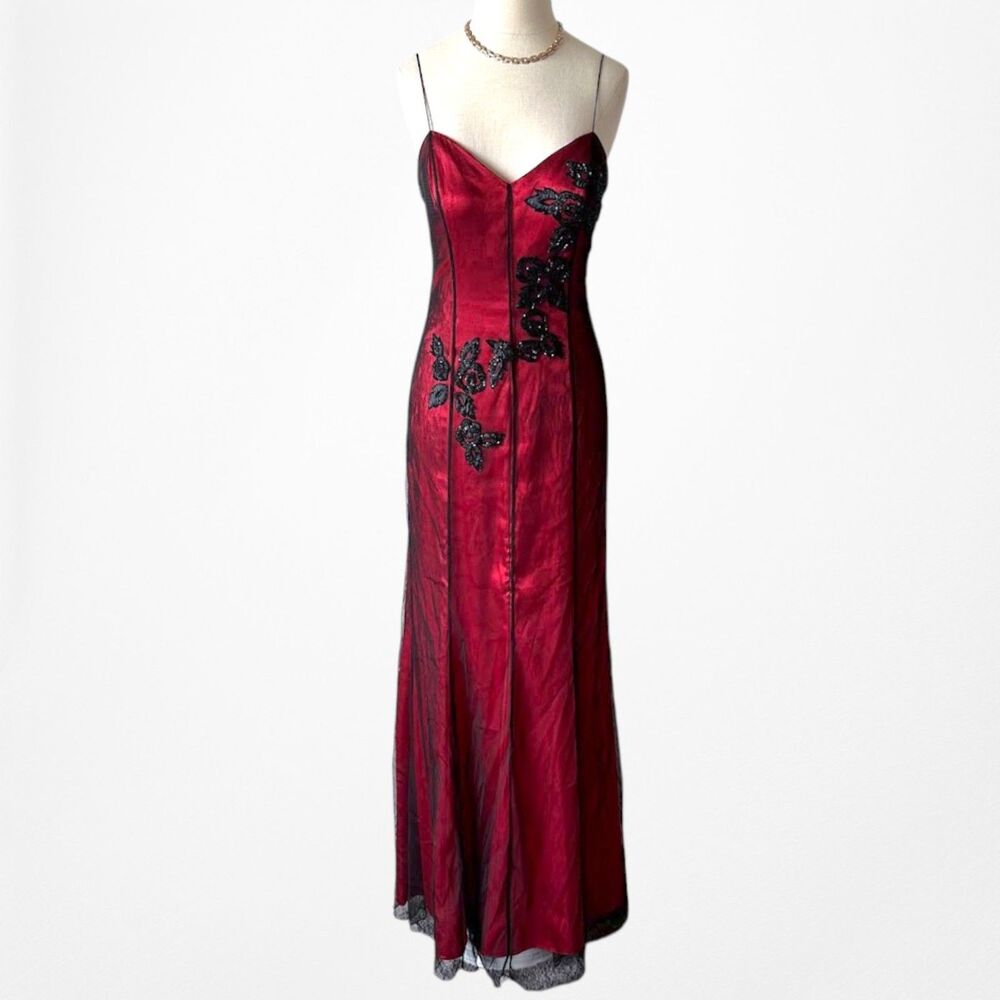 Vintage Y2K Burgundy Red Floral Beaded Embroidered Mesh Bodycon Maxi Prom Dress - Picture 6 of 11